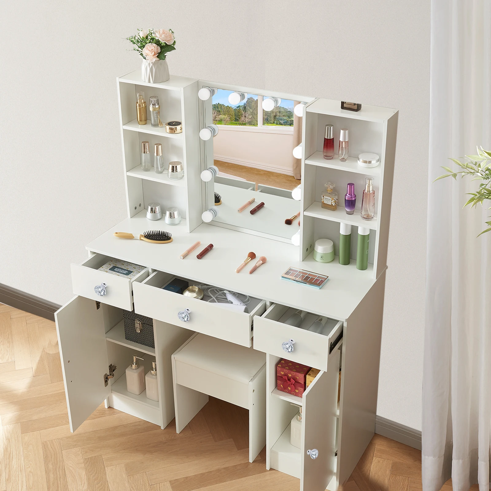 طقم طاولة زينة بمرآة مضاءة بإضاءة LED مع 5 أدراج #5