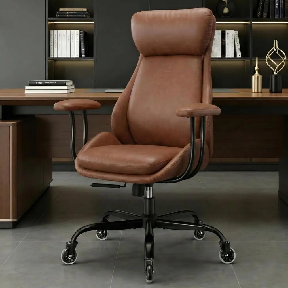 

Ergonomic High-Back Leather Office Chair with 500 lbs Capacity, Lumbar Support, Rubber Wheels, Brown
