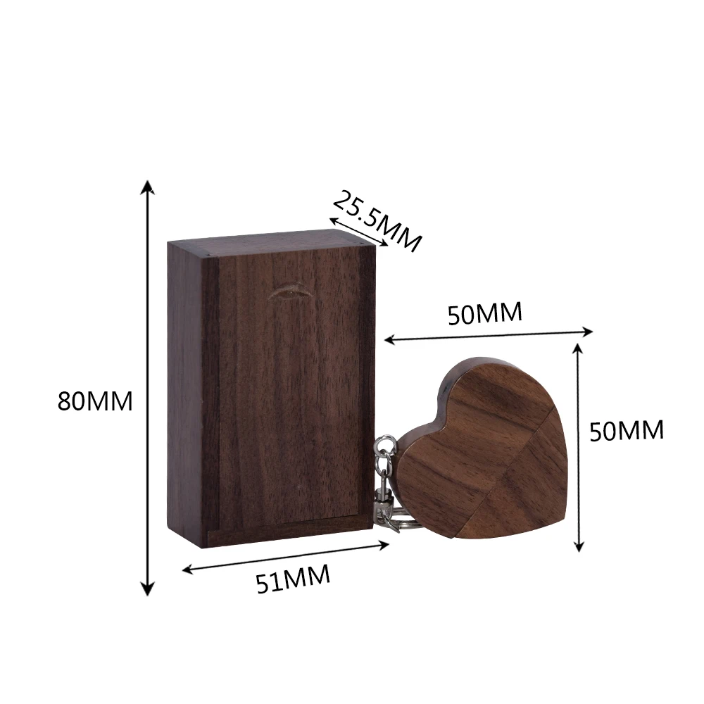 Flashdisk Kayu Walnut Bentuk Hati + Kotak Hadiah, Logo Custom Gratis, Pendrive Kreatif 8GB 16GB 32GB 64GB Memory Stick U Disk 2.0