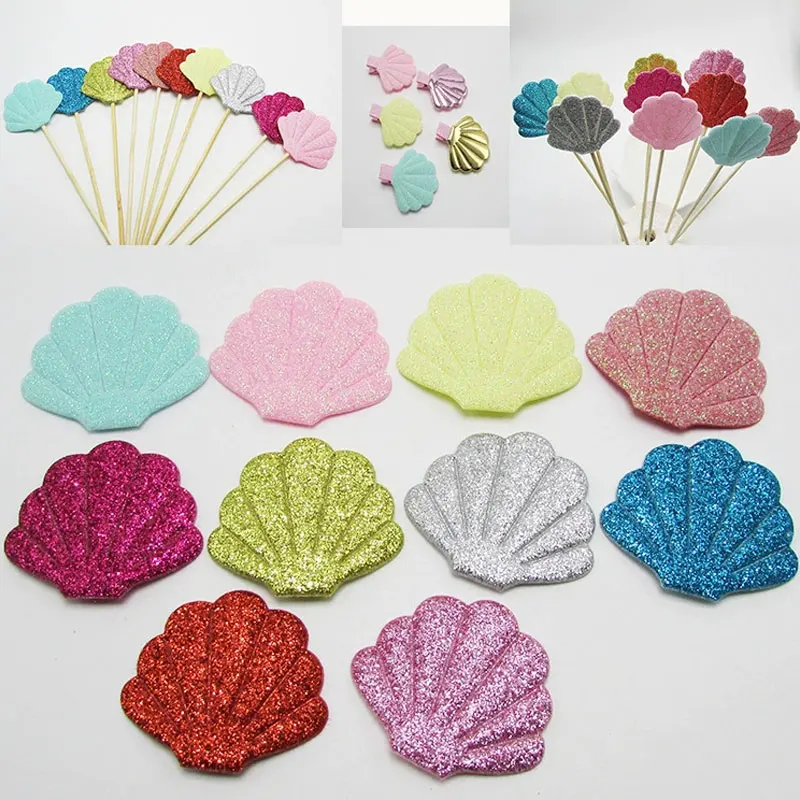 

50pcs/lot 4.5x3.8cm Mix colors Glitter Shell Padded Appliques For Cake Insert Cards and BB Clip Accessories DIY Kid patches