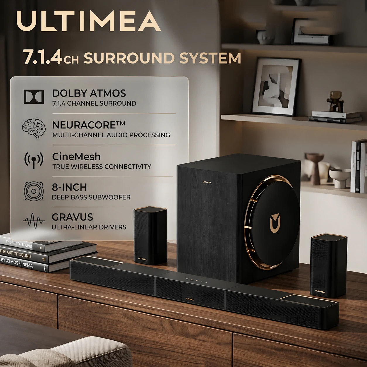 ULTIMEA Skywave X60 840W 7.1.4-kanałowy soundbar do telewizora z Dolby Atmos, system dźwięku przestrzennego z 8-calowym bezprzewodowym subwooferem i 2 głośnikami