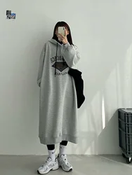 plus Size Women's Fleece Lined Loose Meat Concealing Letter Hoodie Dress 300 Pounds Autumn Winter Lazy Style Dress