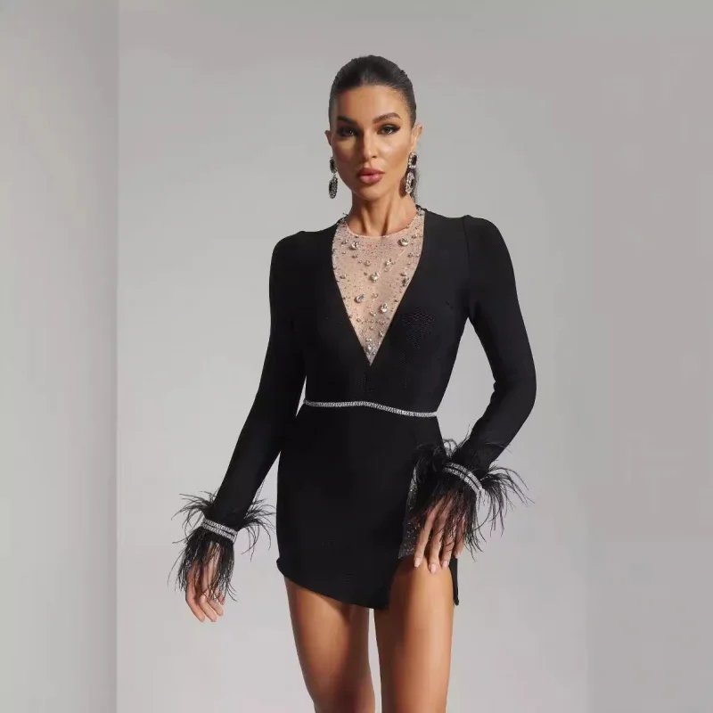 

New Arrival Women's Dress Luxurious Rhinestone Feather Sleeve Black Bandage Dress Socialite Party Gown