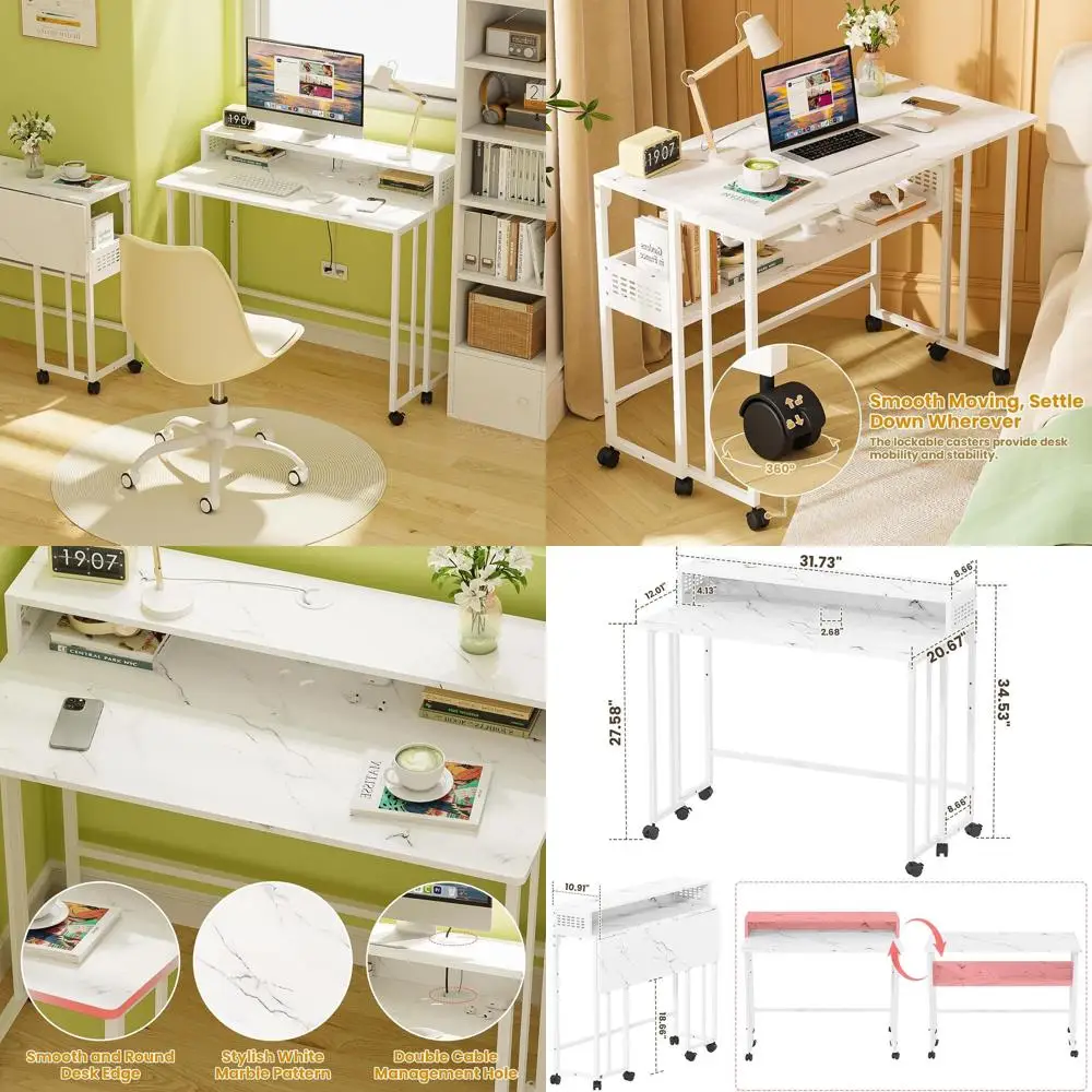 

Compact White Marble Folding Desk with Storage and Mobile Sofa Side Table for Home Office in Small Spaces