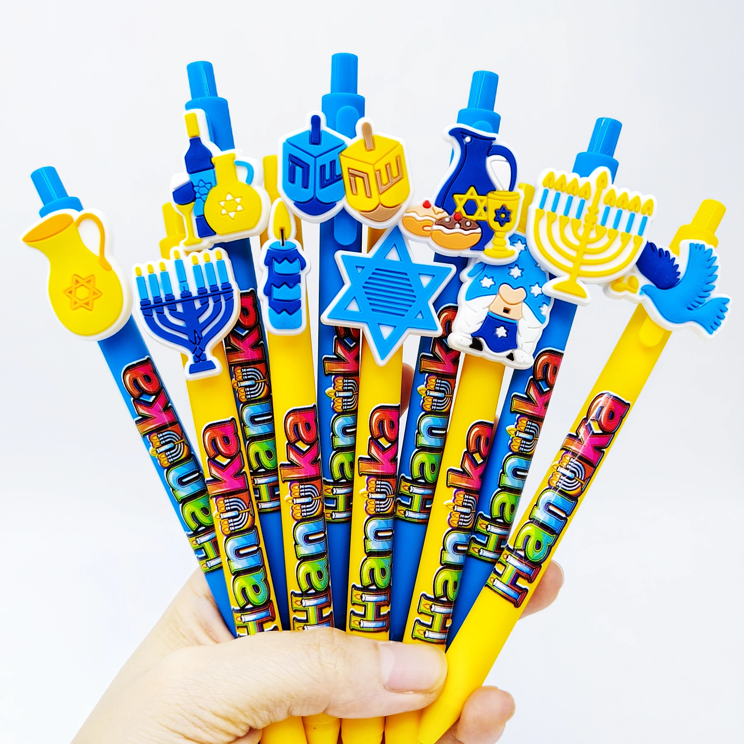 

10pcs/16pcs Candle Festival theme patch printed ballpoint pen blue and yellow series practical Hanukkah ballpoint pen