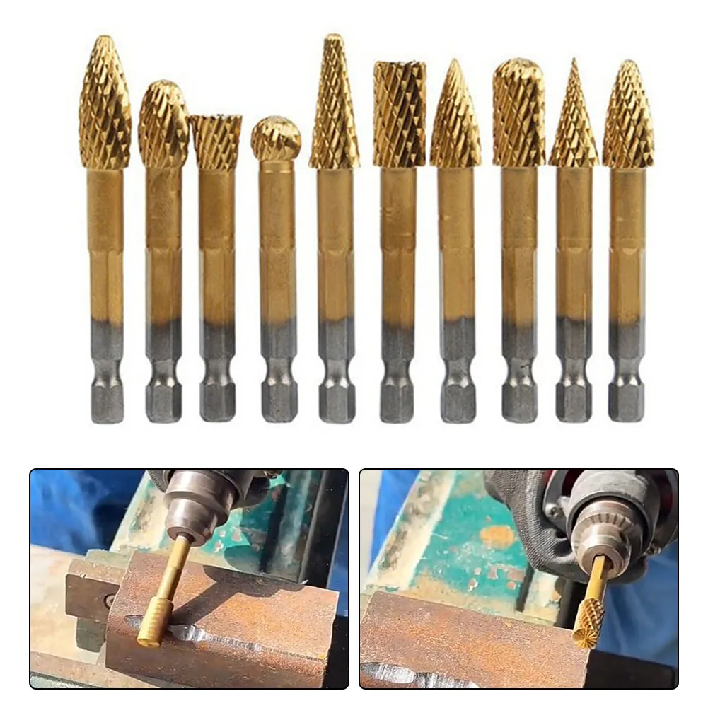 

10PCS DIY Grinding Head Set Solid Carbide Burrs Bits Steel Double-Cut Hex Shank For Power Tools Accessory In Stock Wholesale
