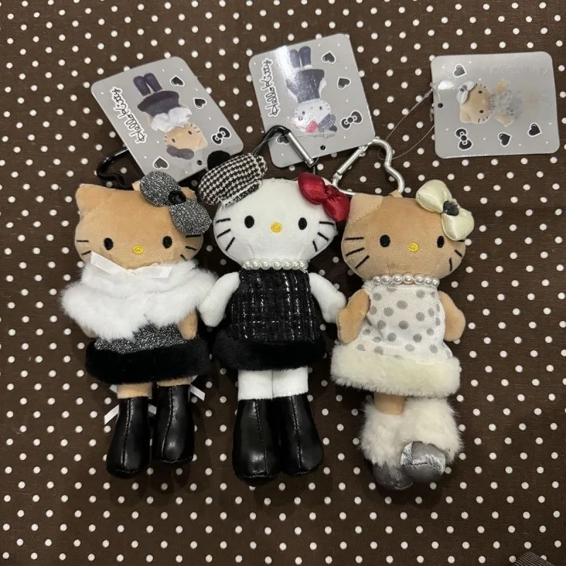 جديد سانريو لطيف طويل أرجل الجلد الداكن سيدة كيتي ألعاب من نسيج مخملي سلاسل المفاتيح الشتاء التفاف كيتي القط قلادة صغيرة أنيمي بلوشي دمية هدية
