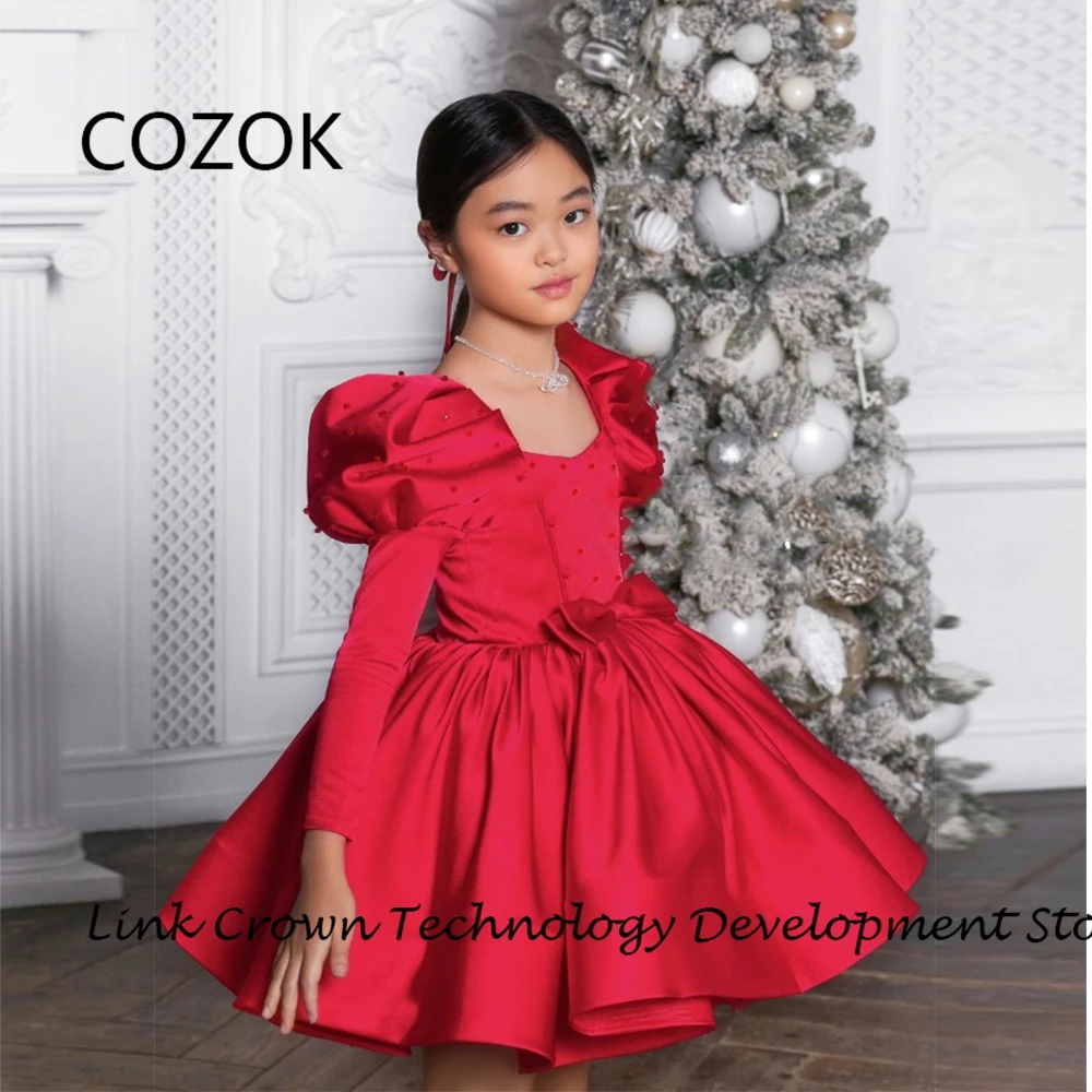 COZOK Burgundy Flower Girls Dresses with Beading 2024 Summer Full Sleeve Christmas Dresses New Summer Knee Length فستان عيد المي