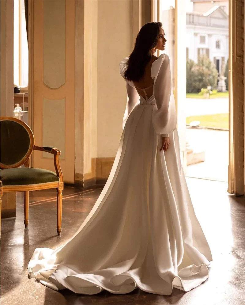 Chic Satin Princess Wedding Dresses Long Sleeves Bride Dress A Line High Slit Bridal Gowns Sweetheart Customized Vestido 2025