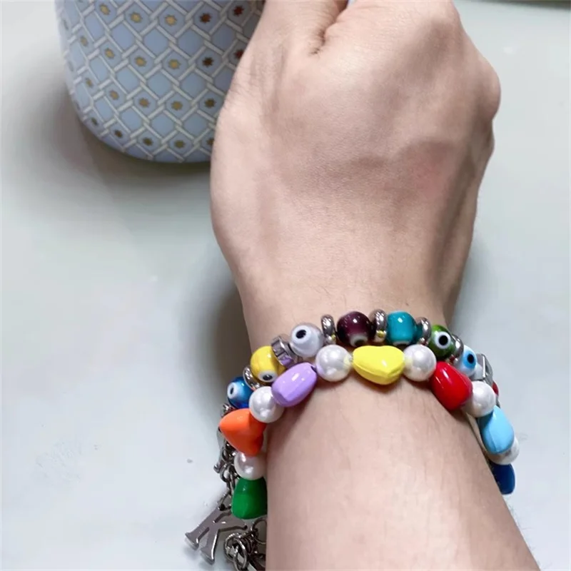 Vintage Fashion Mixed Color Blue Eyes Glass Beaded Bracelet for Men&Women Same Style Couple Light Luxury Hip Hop Top Charm