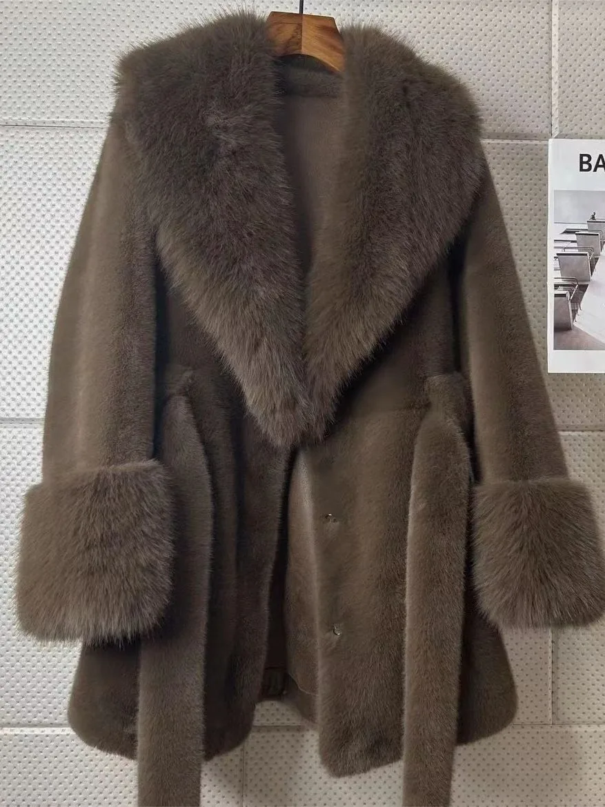 Women Environmentally Faux Fox Fur Large Fur Collar Coat Winter V-Neck Mid-Length With Lace-Up Turn-Down Lapel Slim Fit Overcoat