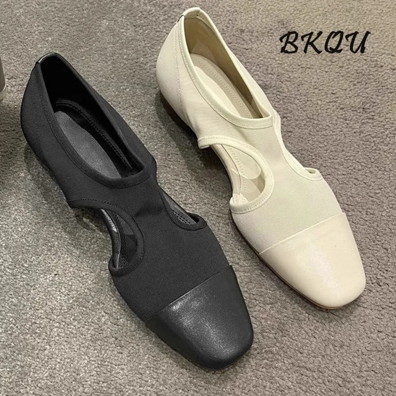 

BKQU New Design Sense Mesh Stitching Retro Flat Shoes for Women 2024 Summer All Square Head Hollow Low Heel Ballet Shoes