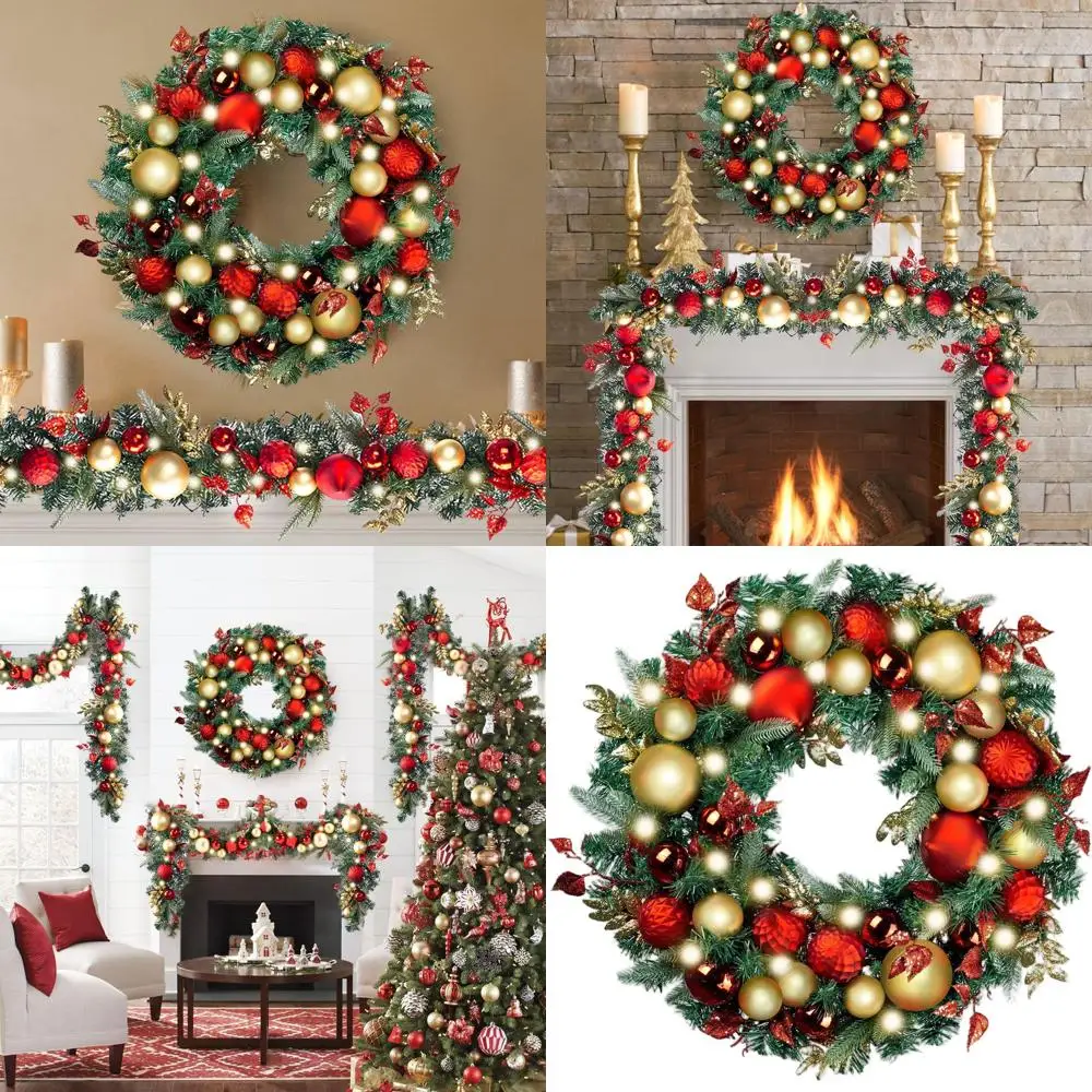 

30-красный и золотой светодиодный рождественский венок на батарейках с 50 лампами для декора входной двери