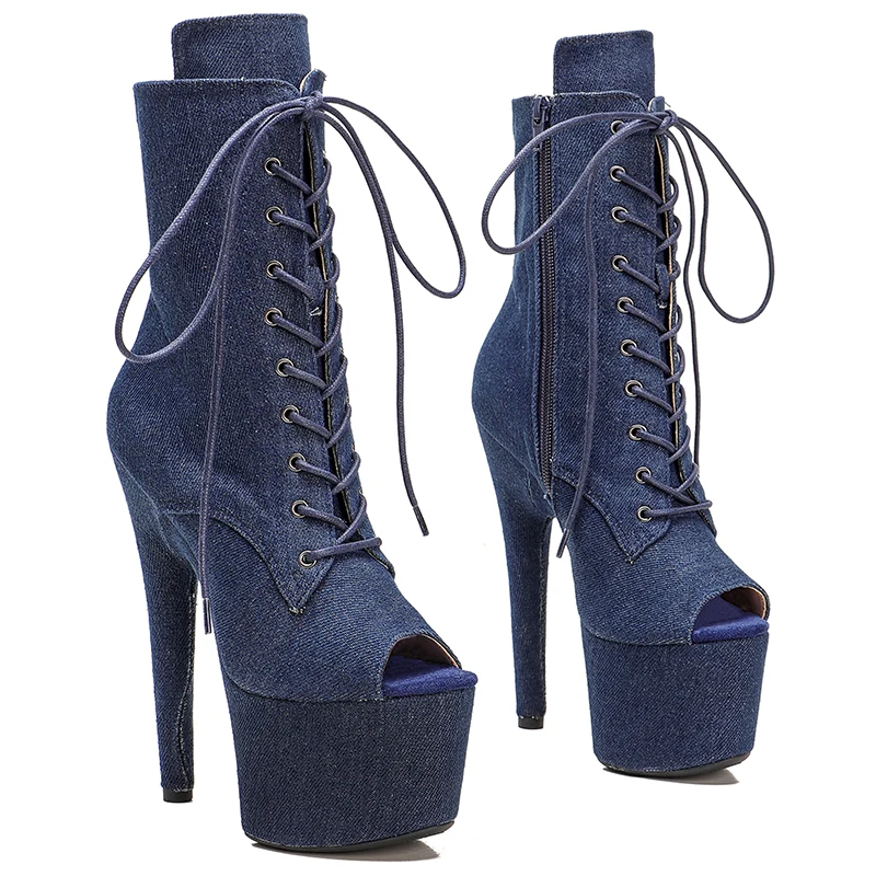 

Leecabe 17CM/7inches Pole dance boot with denim High Heel platform Boots open toe Pole Dancing boot 3B