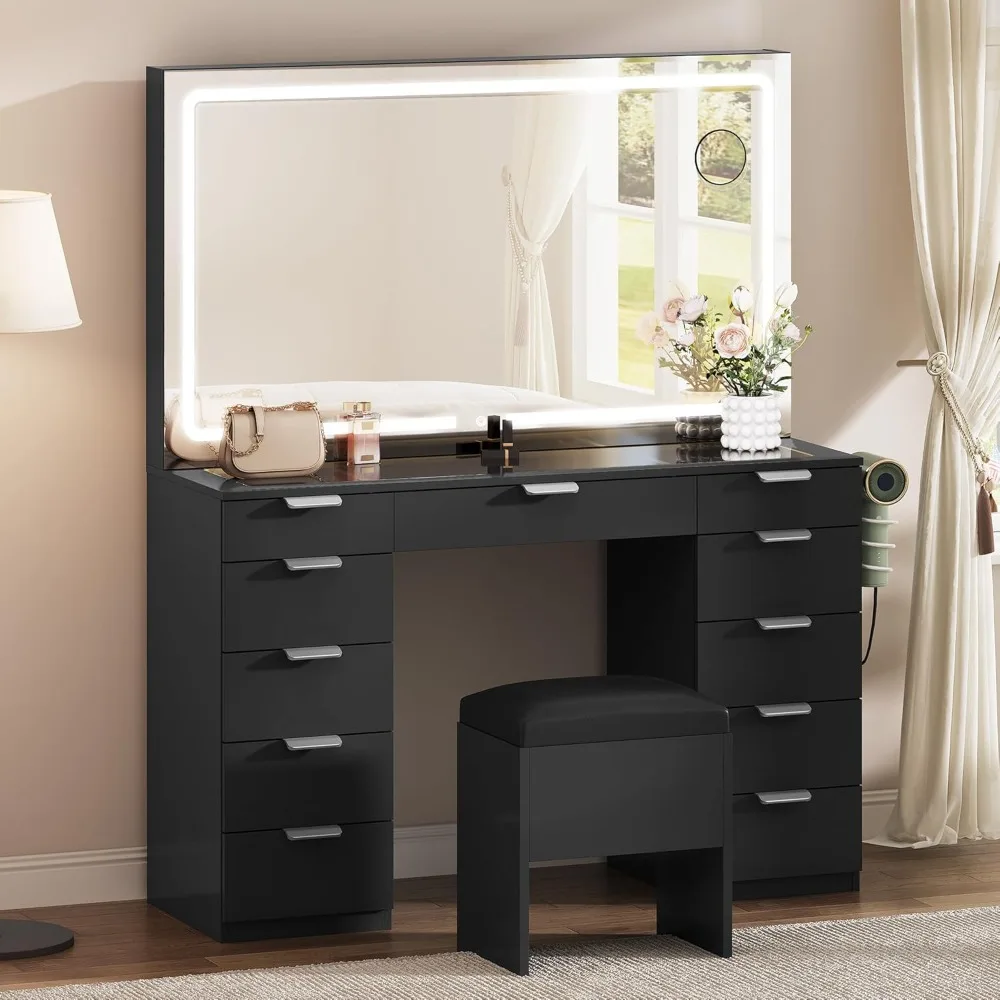 

Lighting vanity with glass countertop, 11 drawers and storage stools, vanity with smart mirror, touch LED lights