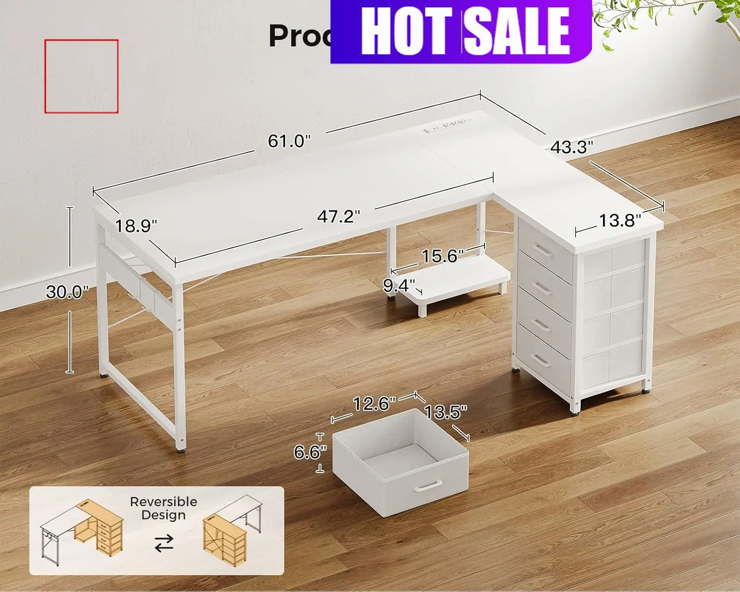 

61-дюймовый белый угловой компьютерный стол для дома и офиса с выдвижными ящиками, розетками, USB-портами и подставкой для системного блока, легко собираемый (Easy A)