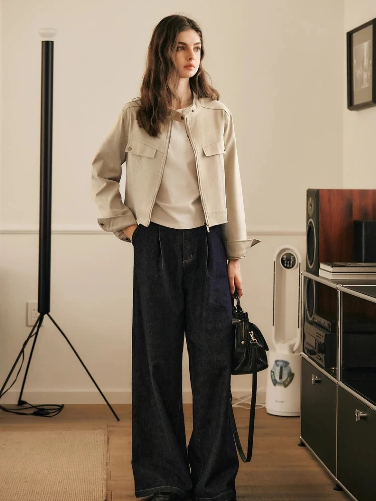 

OLrain винтажная замшевая короткая куртка для женщин зима 2025 повседневное однотонное пальто цвета хаки с воротником-стойкой на молнии женская одежда GO57QW95935