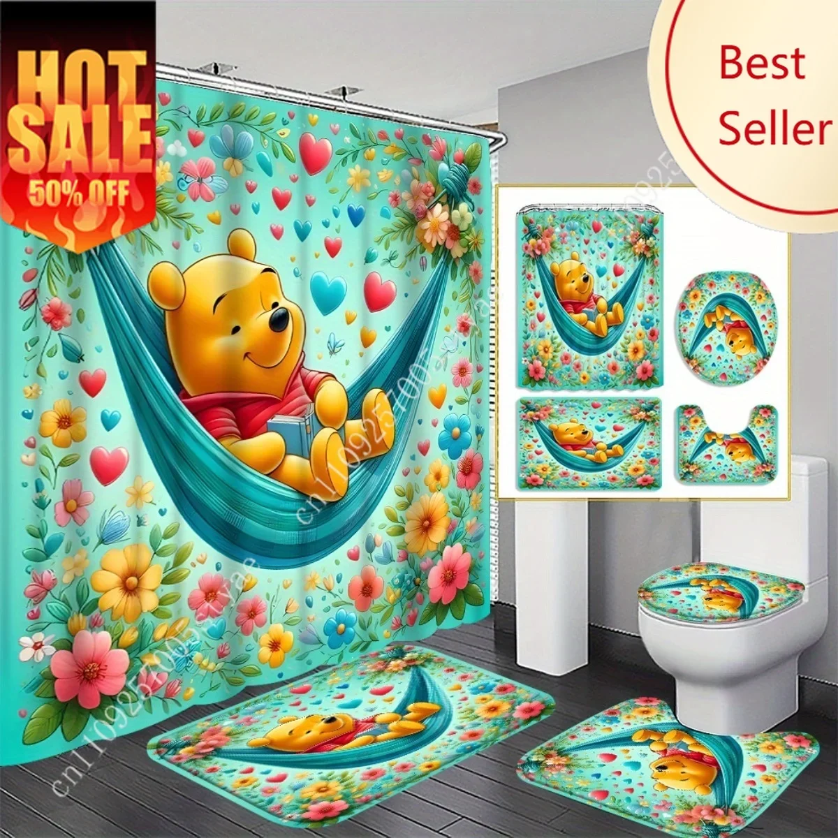 

Winnie The Pooh Shower Curtain Set Disney Cartoon Decoration Gifts Floor Mats Toilet Seat Cover Floor Mats Toilet Seat Cover 4PC