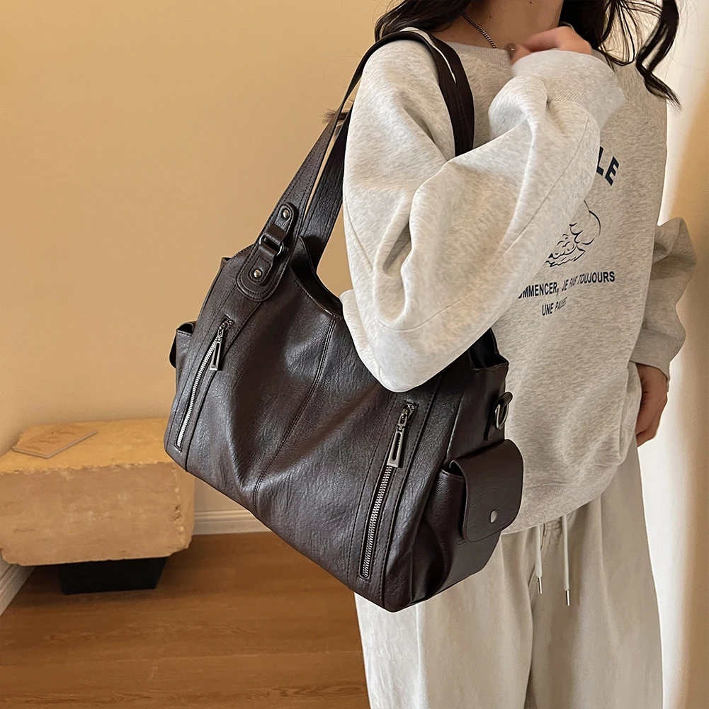 

Женская сумка через плечо с несколькими карманами, сумка-тоут из искусственной кожи на молнии, модная сумка через плечо в стиле ретро для работы, путешествий