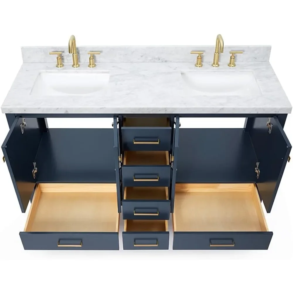 Double Bathroom Vanity with Edge Italian Carrara Marble Countertop & Splash, Rectangular Sinks,Closing Doors