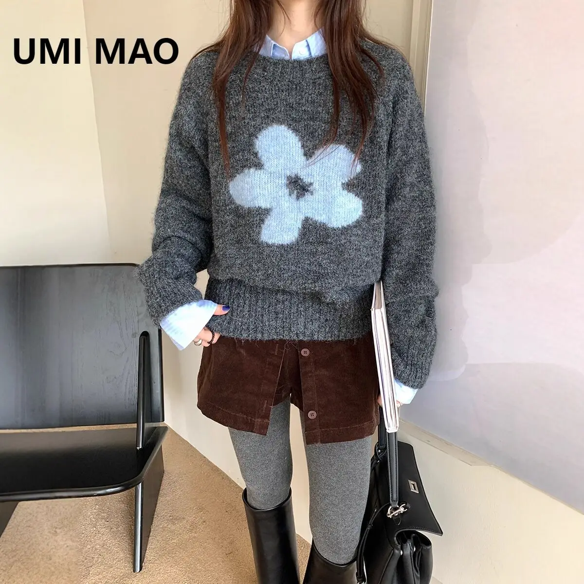 UMI MAO  New Korean Style Floral Crochet Round Neck Loose Long Sleeve Slimming Lazy Style Autumn Winter Women's Sweater
