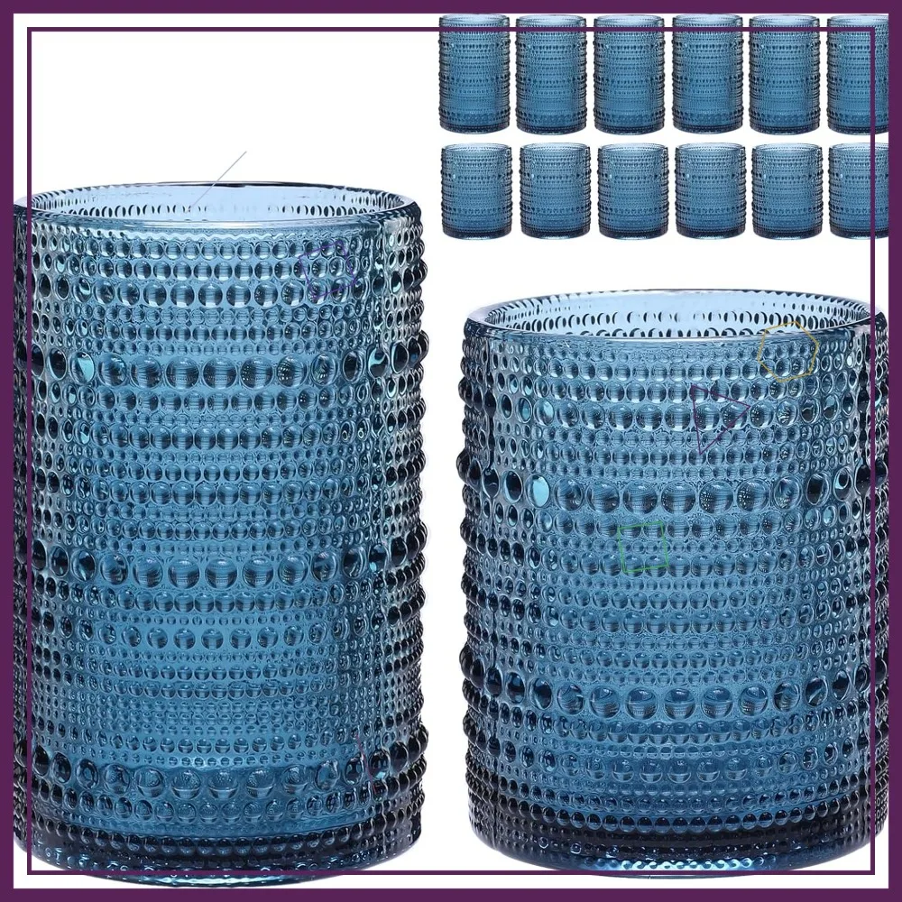 

Набор винтажных синих стеклянных стаканов с рельефным узором (хобнайл), 12 штук, 12 и 15 унций, для пива, коктейлей, виски