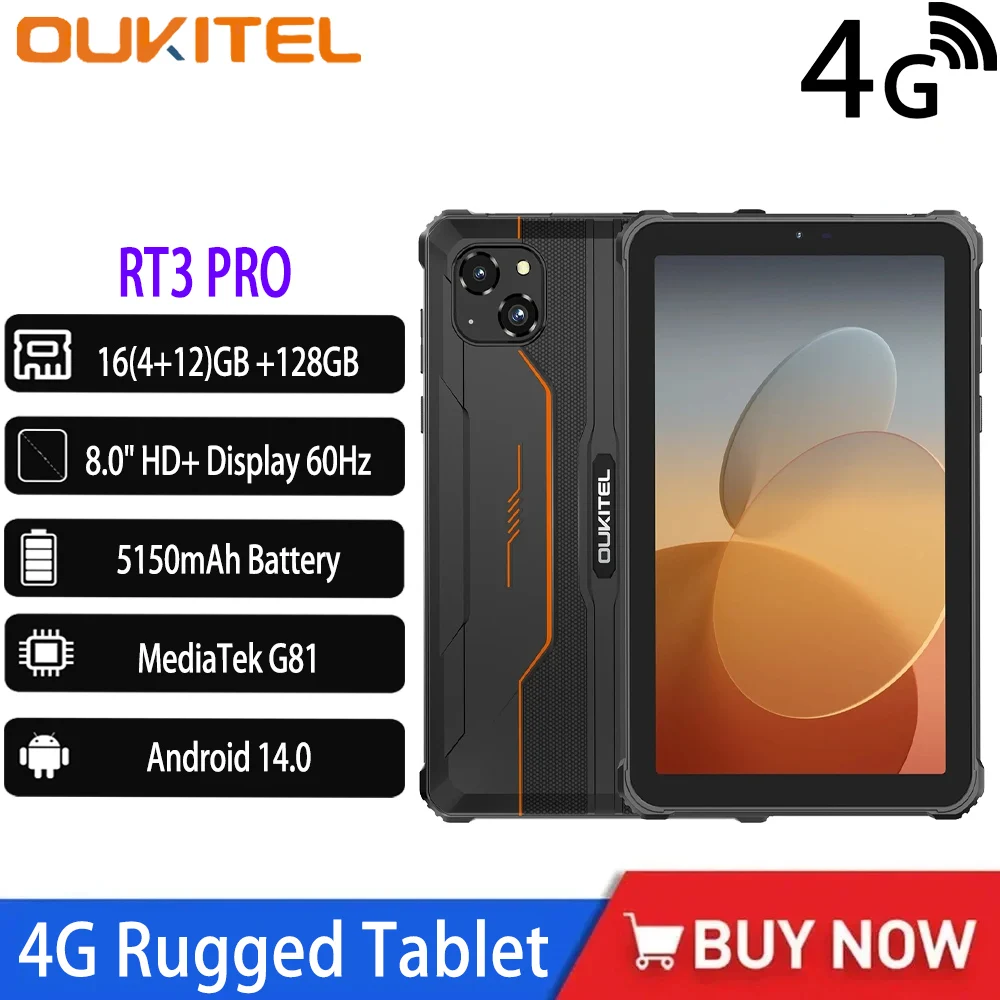 

NEW OUKITEL RT3 PRO 4G Rugged Tablet 8 Inch HD Display 16(4+12)GB +128GB Waterproof Tablet Pad 5150mAh Android 14.0 Tablet PC