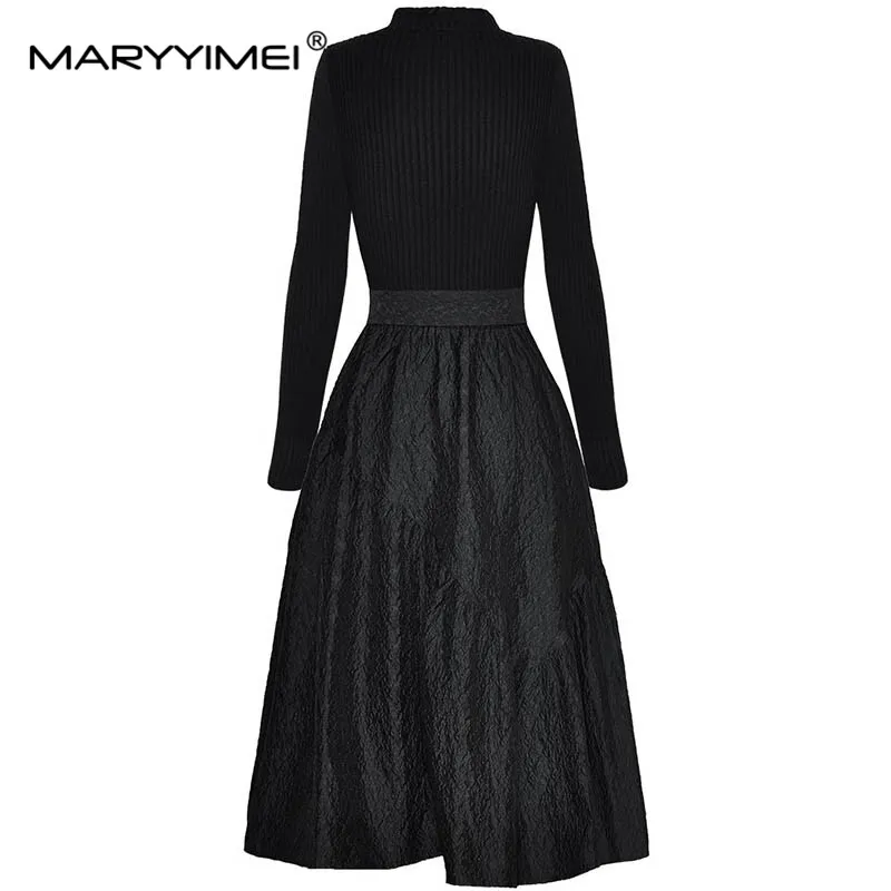 Imagem -02 - Maryyyimei-vestido Feminino de Malha Comprida Vestidos Pretos Patchwork Lace up Jacquard Outono Moda Inverno