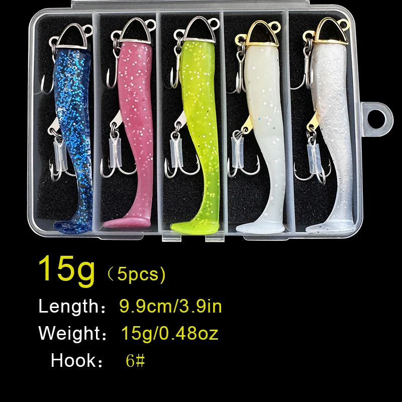 5pcs Unique Fishing Soft Lures Vibrating Swim Action Well-Made Fishing Lures with Liple Hooks for Bass Trout Crappie Walleye