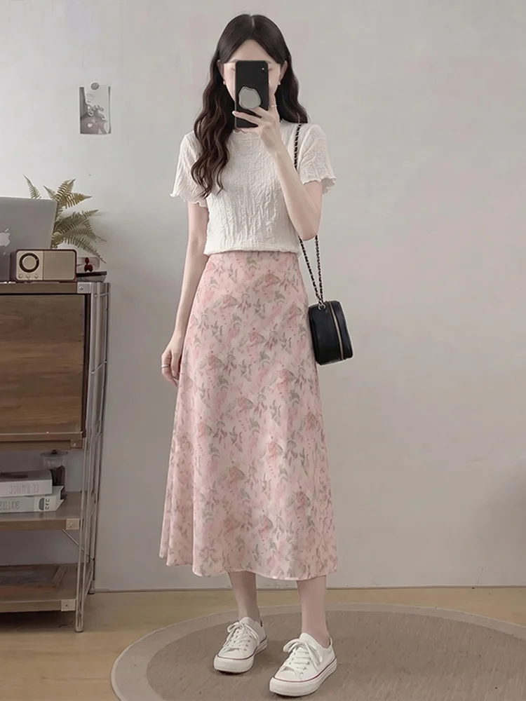 

Unique Beautiful Summer Fashion Set Short Sleeve Floral Half Skirt Women's Two-Piece Suit Casual Style Breathable Medium Thic...