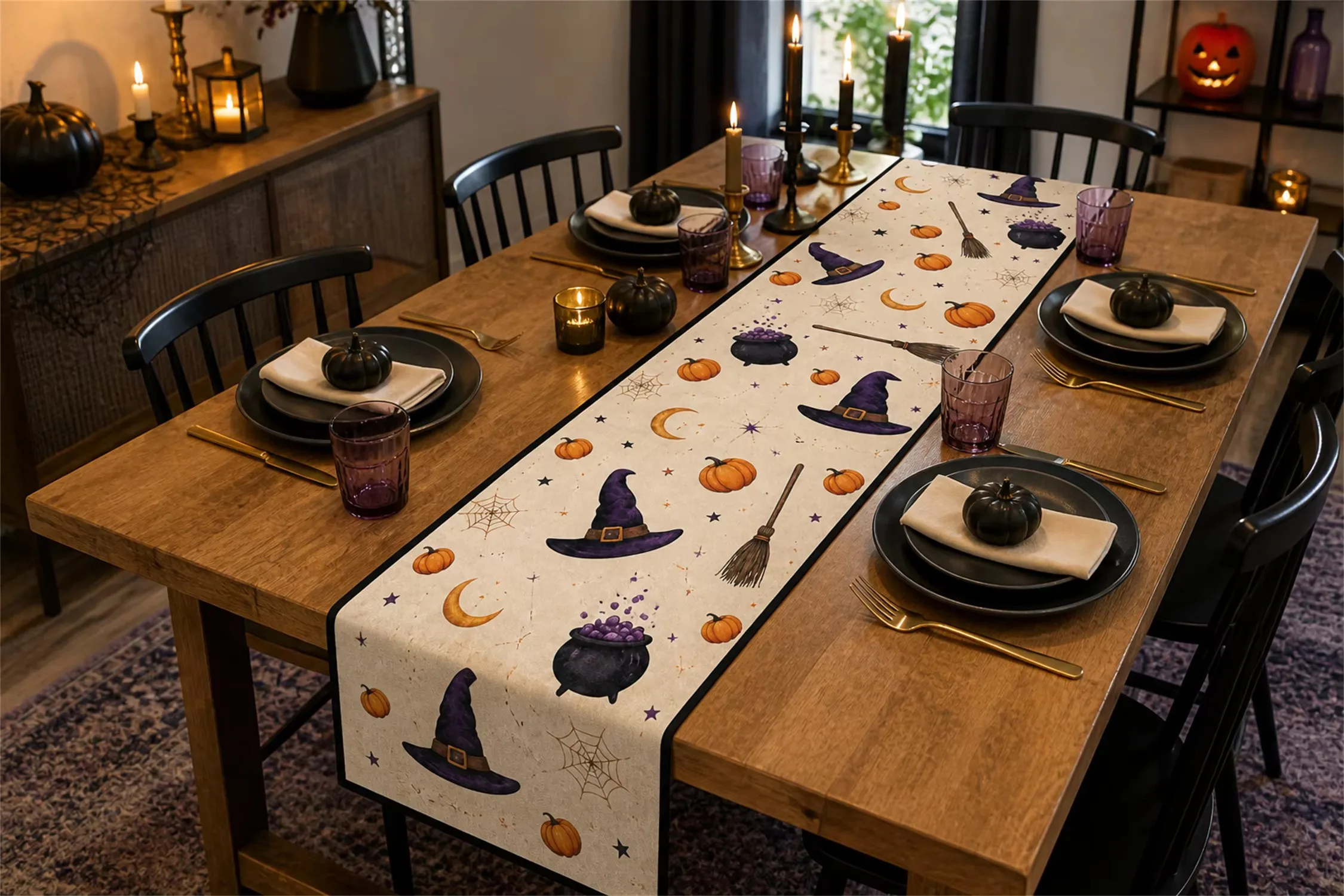Halloween Table Runner with Witch Hat Pumpkin Broom Cauldron, Spooky Home Dining Decor