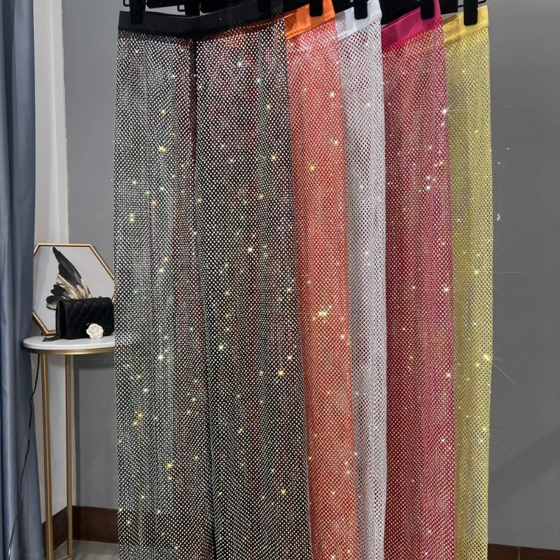 Sexy Colorful Diamonds Beaded Mesh Hollow Wide Legs Pants Fishing Net Rhinestones Trousers Sparkling Elastic Waist Pantalones