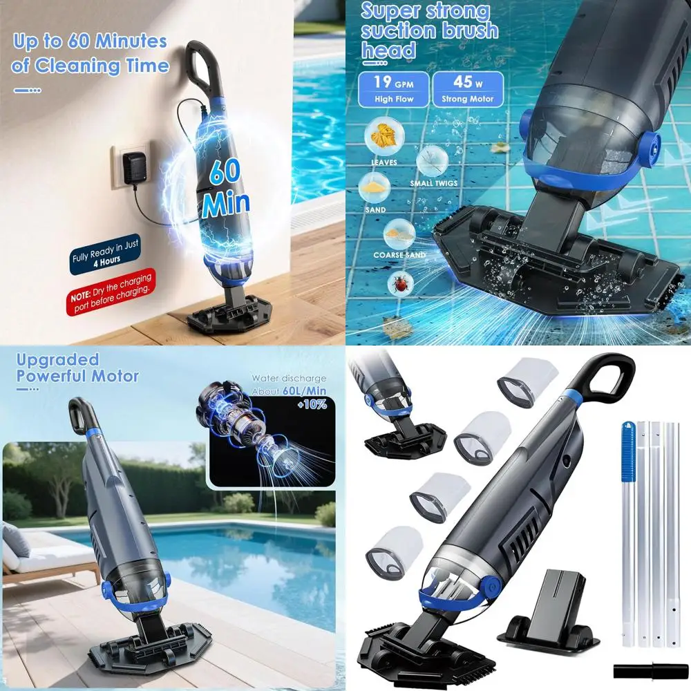 

Перезаряжаемый беспроводной пылесос для бассейна площадью 19 галлонов в минуту с 2 насадками и удлинителем 72 для очистки спа-салона и гидромассажной ванны