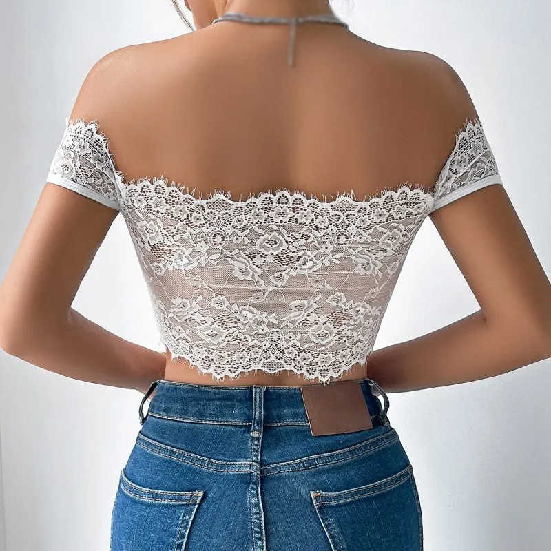 Lace Tank Top Woman Retro Elegante Off Shoulder Strapless Short Style All-Match Inner Wear Crop Top Semitransparent Spicy Girl