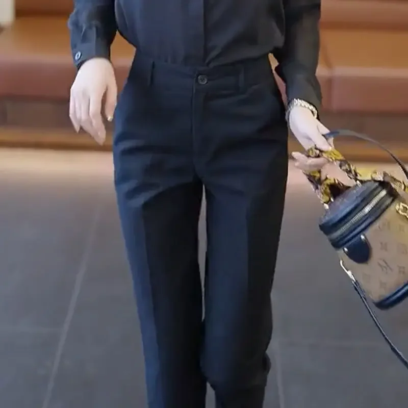 Pantaloni con cerniera con bottoni sottili primavera estate Abbigliamento da donna Comodo dritto solido Tasche da donna da ufficio Business Casual Fashion
