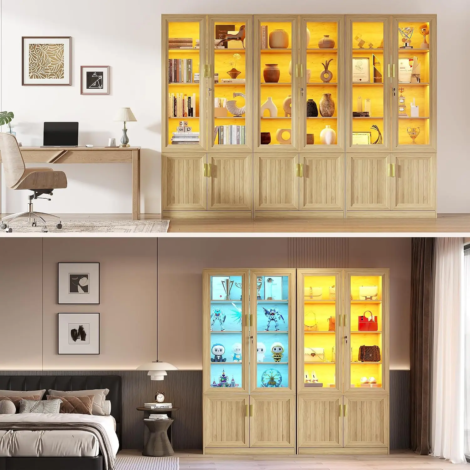 LED Bookshelf with Glass Doors & Adjustable Shelves 71" Tall Display Cabinet Storage, Customized - view 5