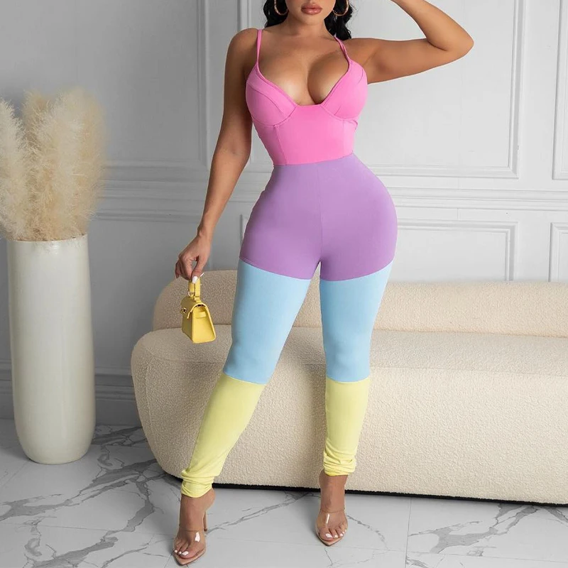 OMSJ 2024 Brand New Jumpsuit Suspenders Spliced Contrasting Colors Low-cut V Neck Bodycon Casual High-waisted Rompers Streetwear