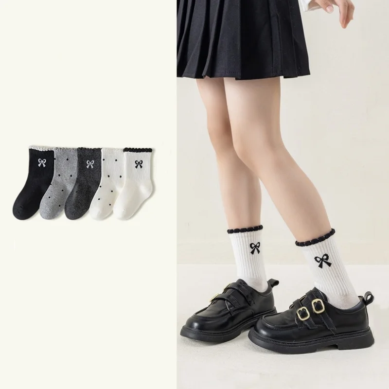 5 Pairs/set Children's Socks Spring Autumn Kids Girls' Mid Calf Bow Polka Dots Print Sock Fashion Princess Socks For Students