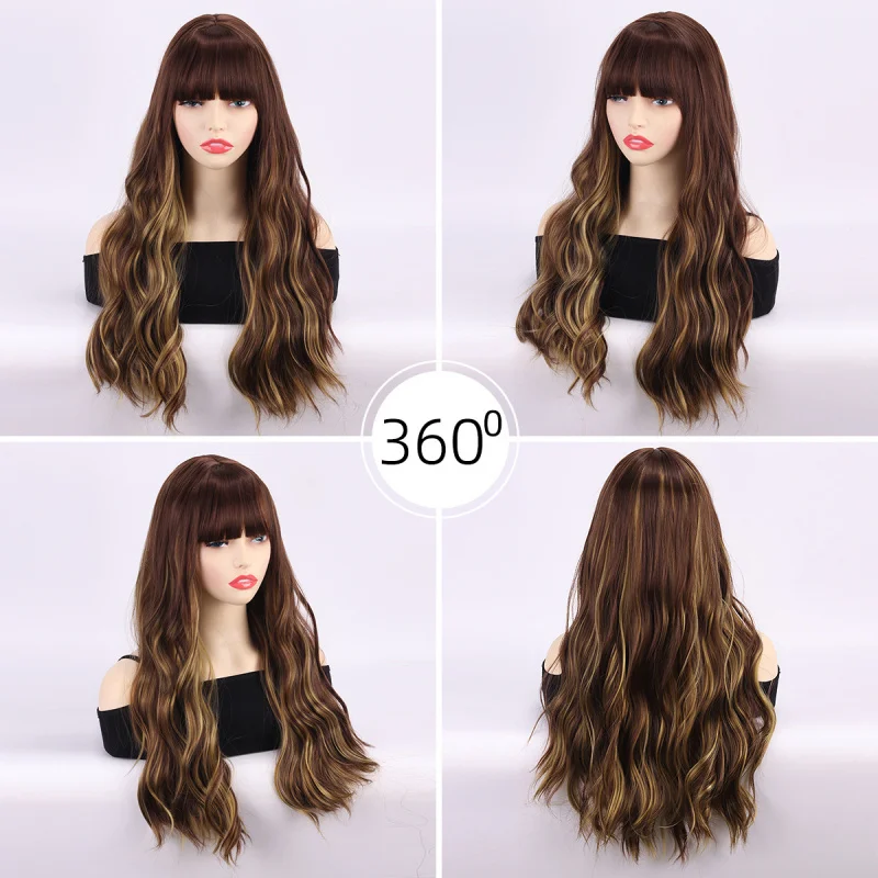 European and American style fashionable women's wig with large waves, brown blonde highlights, ladies' headpiece, high-temperatu