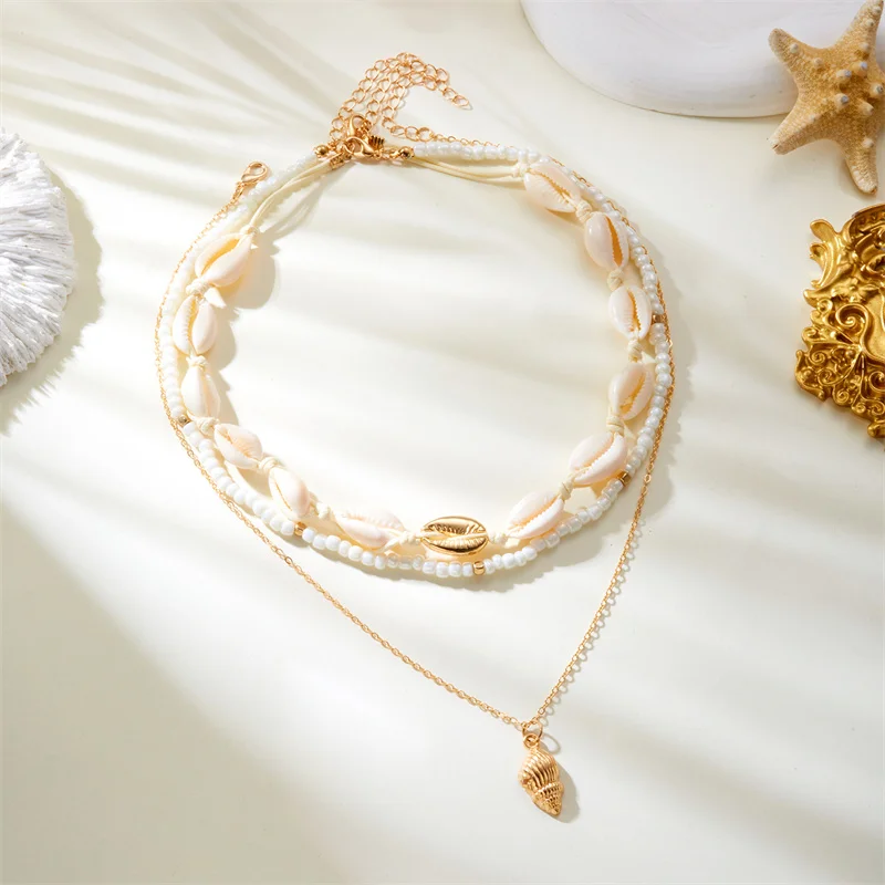 Bohemian Multilayer Starfish Shell Rice Beads Necklace for Women Summer Beach Sexy Choker Neck Chain Girl Party Vacation Jewelry