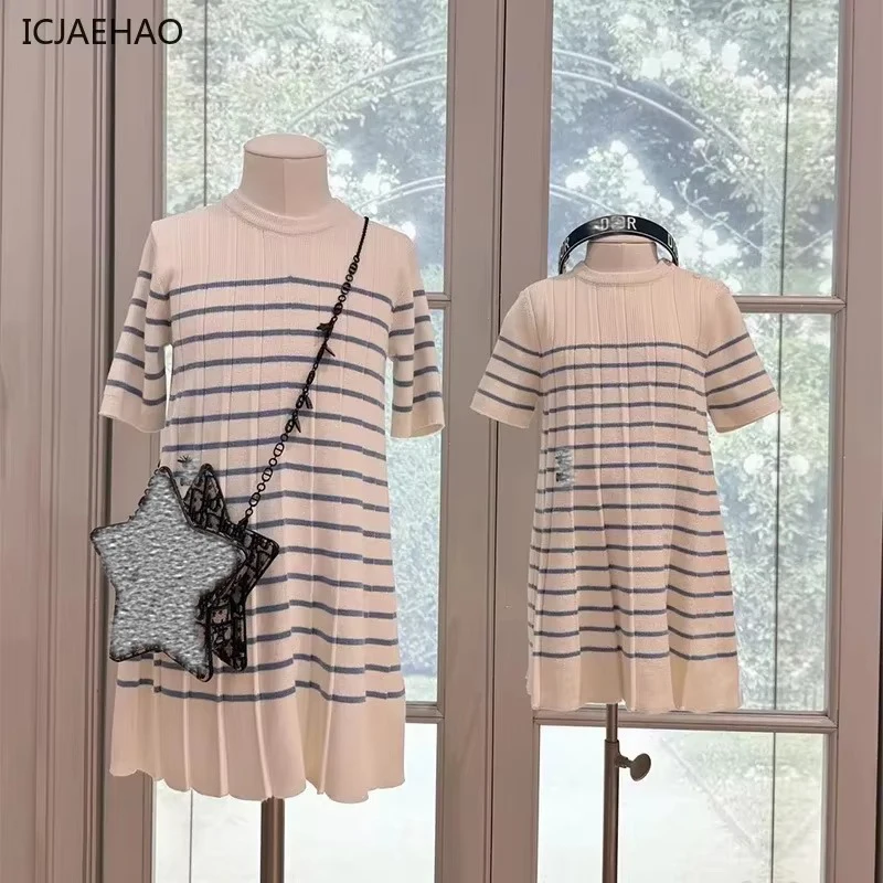 

ICJAEHAO 2024 New Girls Sweaters Knitted Striped Dress Round Neck Knitted Pleated British Children Clothes Kids Autumn Knitwear