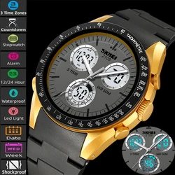 Skmei Mens Business Sports Watches Fashion Three Time Zone Analog Digital Display Quartz Calendar Waterproof LED Alarm Clock