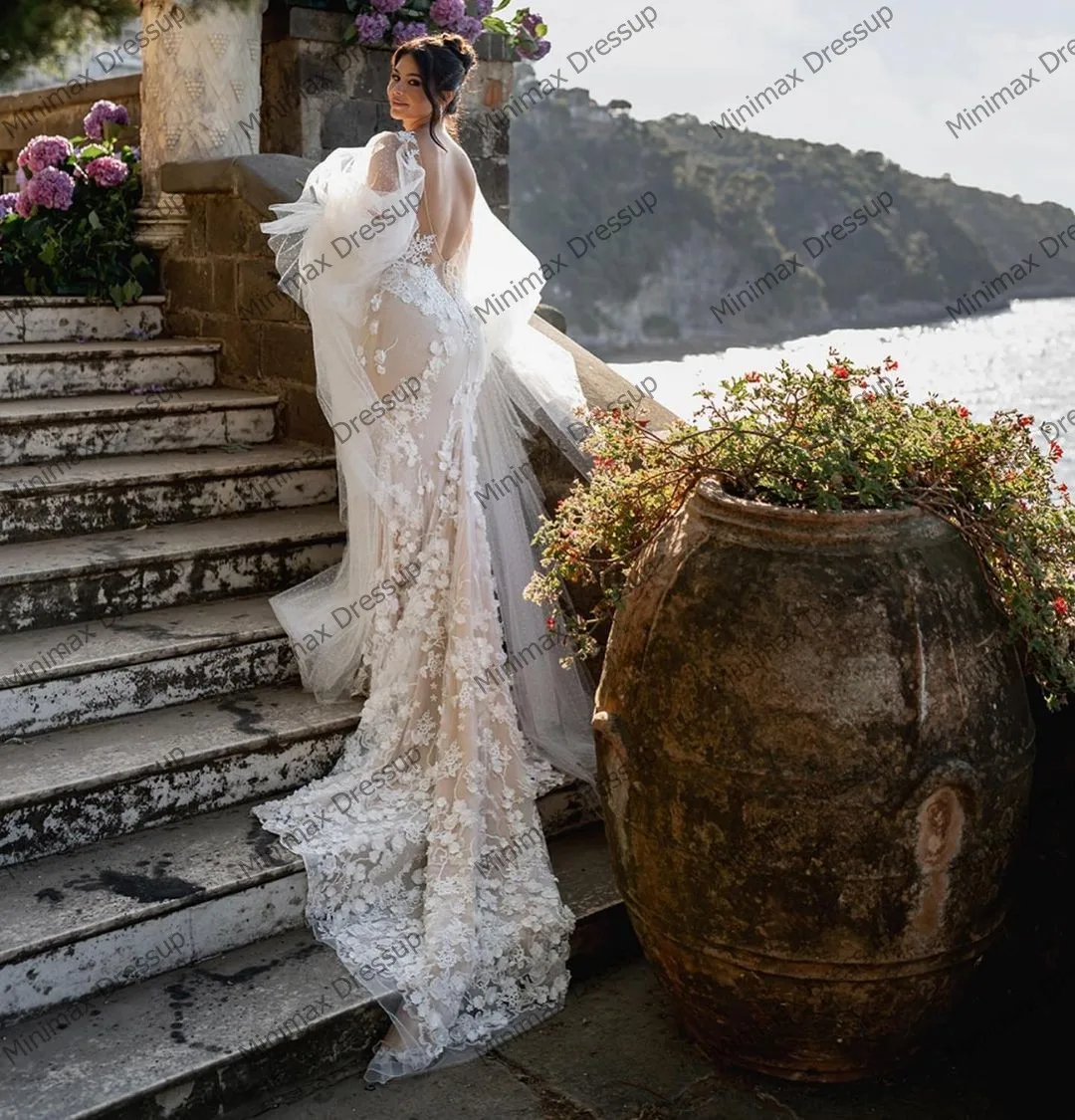 Charming Lace Floral Bridal Dresses Sexy Backless 3D Appliques Mermaid Wedding Gowns Fashion V Neck Ruffles Sleeves Wedding Dres