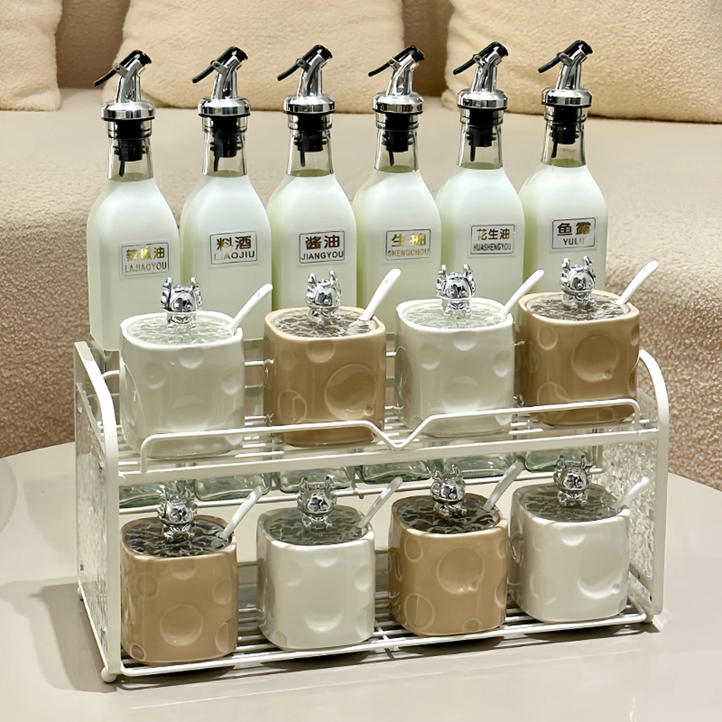 

Kitchen Spice Set - Oil Dispenser Bottles, Non-Spill Condiment Containers, Soy Sauce & Vinegar Rack, Space-Saving Organizer