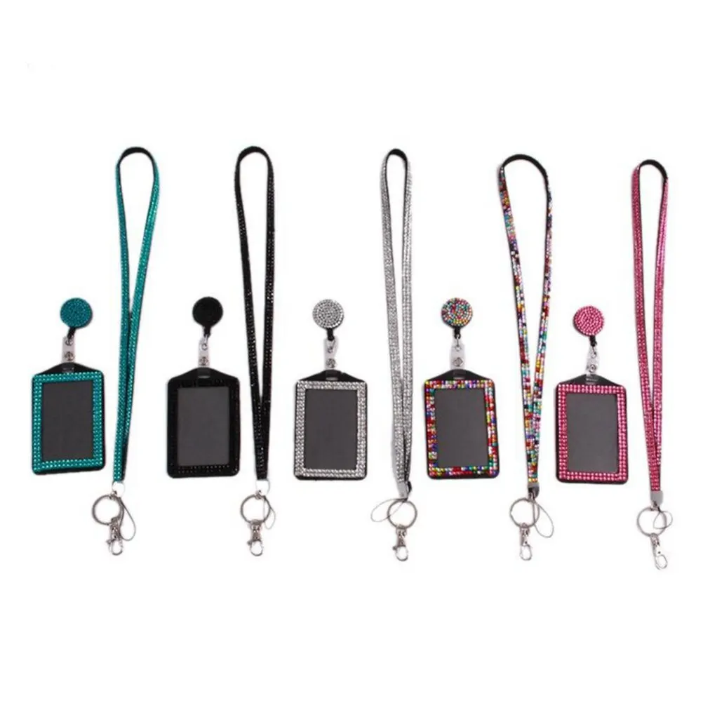 Rhinestone Badge Holder Lanyard White Crystal Necklace Clear ID Card Window Business Pass Travel Chain