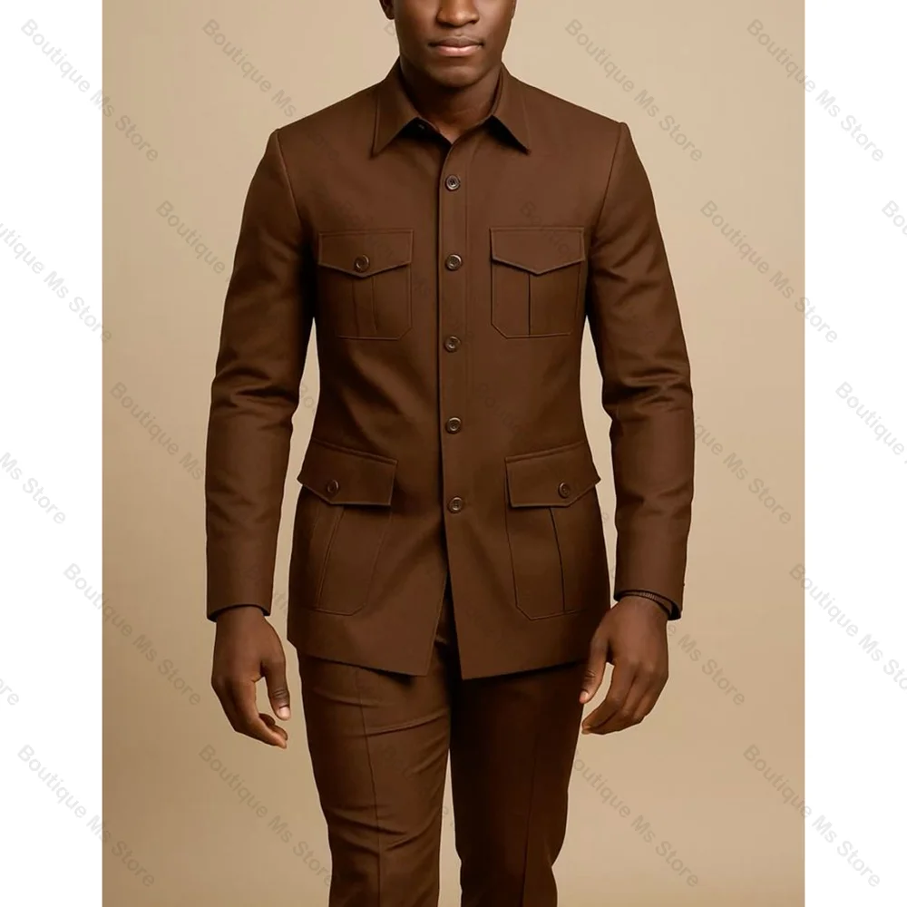 

Brown Four Pocket Single Breasted Men Suit Peaked Lapel Business Casual Formal Costume Homme Slim Fit 2 Pcs Set Jacket Pants