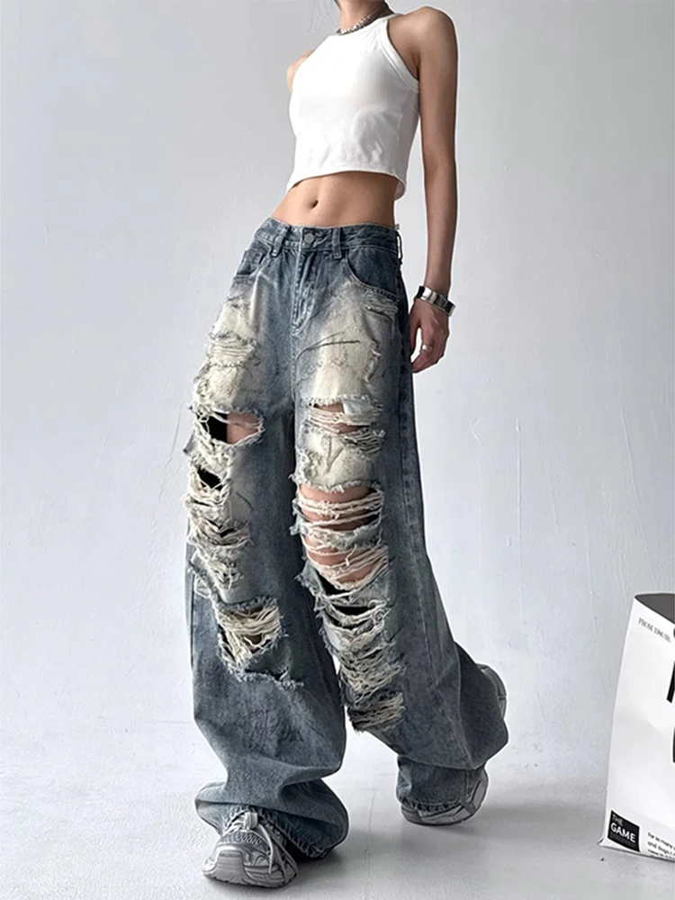 بنطال جينز أمريكي ساخن عصري بفتحة مكسورة للنساء لصيف 2025 تصميم جديد للإحساس فضفاض وواسع الساق مستقيم الساق على الأرض #3