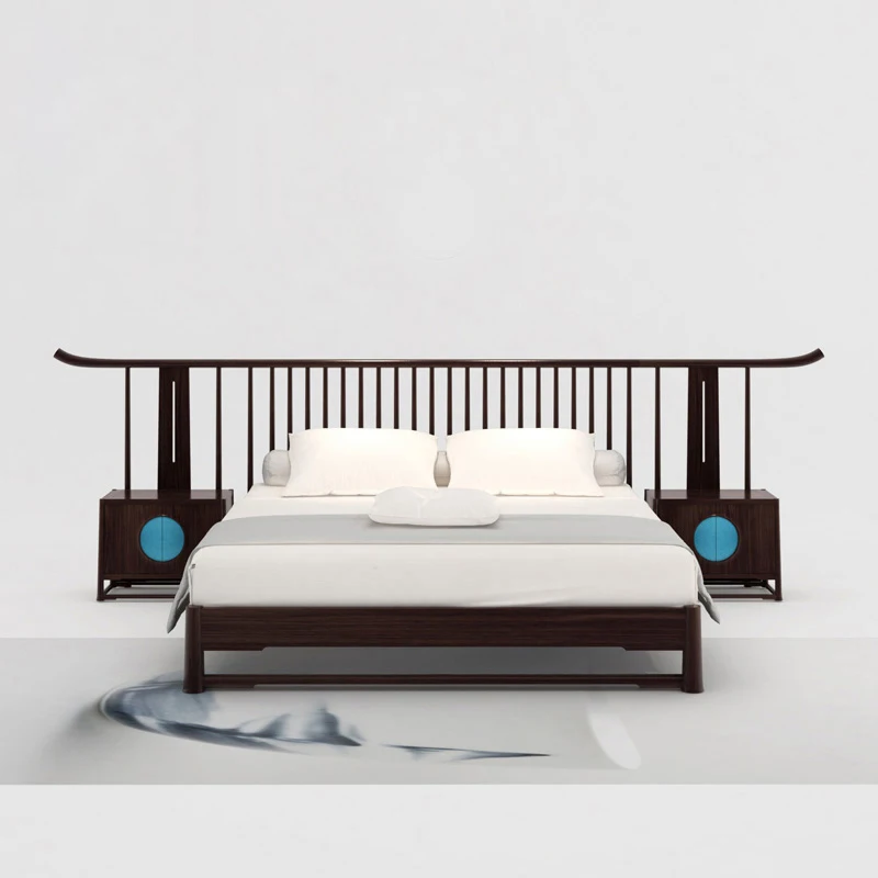 New Chinese bed simple modern master bedroom 1.8 meters solid wood double bed zen wedding bed B & B hotel furniture