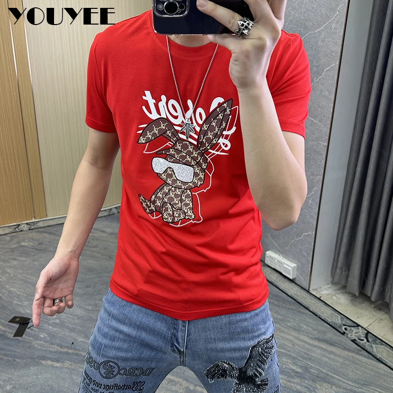 Short-sleeved T-shirt Men\'s 2023 Summer New Year Rabbit Print Fashion Male Tees Round-neck Top Bottom Shirt Man Clothing M-7XL