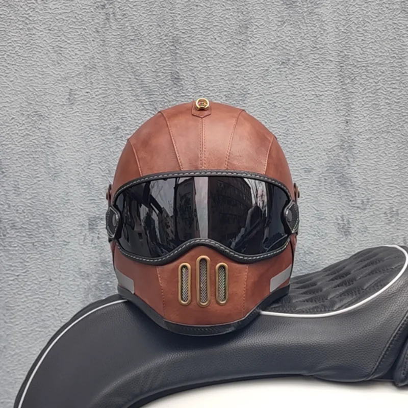 KEAZ Ultra Lightweight Pig Nose Motorcycle Full Face Helmet Vintage Style DOT ECE Certified Clear Goggles for Man Woman Riding